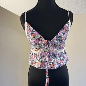 Shein Floral Lace Trim Crop Top Smocked Women's XS Tie Front VNeck